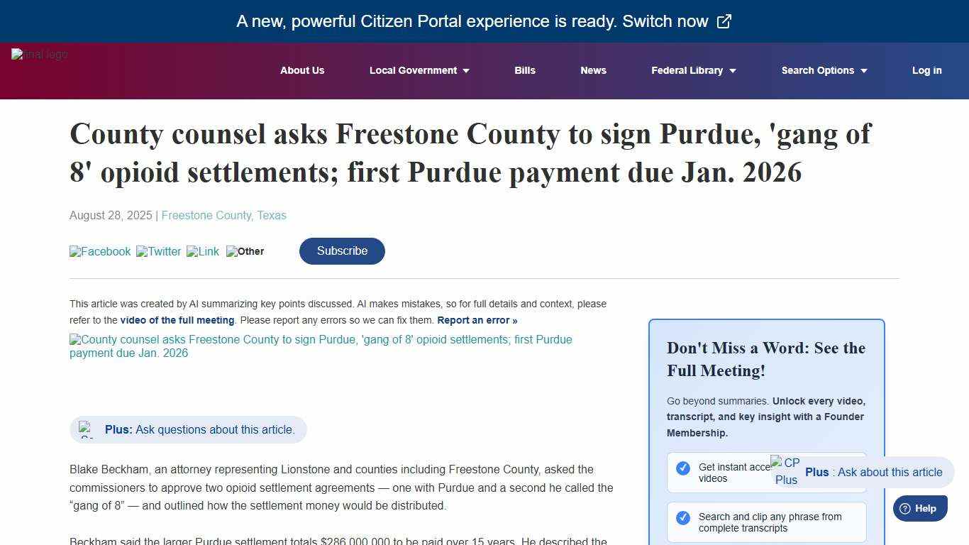 CitizenPortal.ai - County counsel asks Freestone County to sign Purdue, 'gang of 8' opioid settlements; first Purdue payment due Jan. 2026